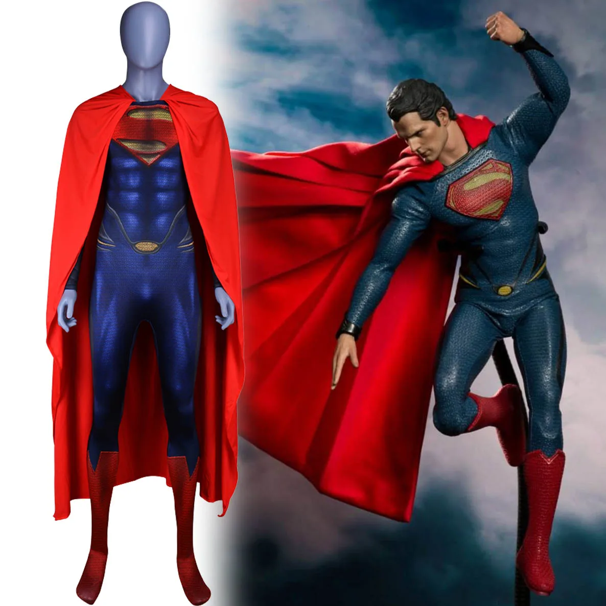 

New Superman Costume Man of Steel Cosplay Outfit Deluxe 3D Print Jumpsuit with Red Cape Superhero Halloween Zentai Kids/Adult