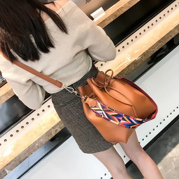 ICON Women bag with Colorful Strap Bucket Bag Women PU Leather Shoulder Bags Designer Ladies Crossbody messenger Bags