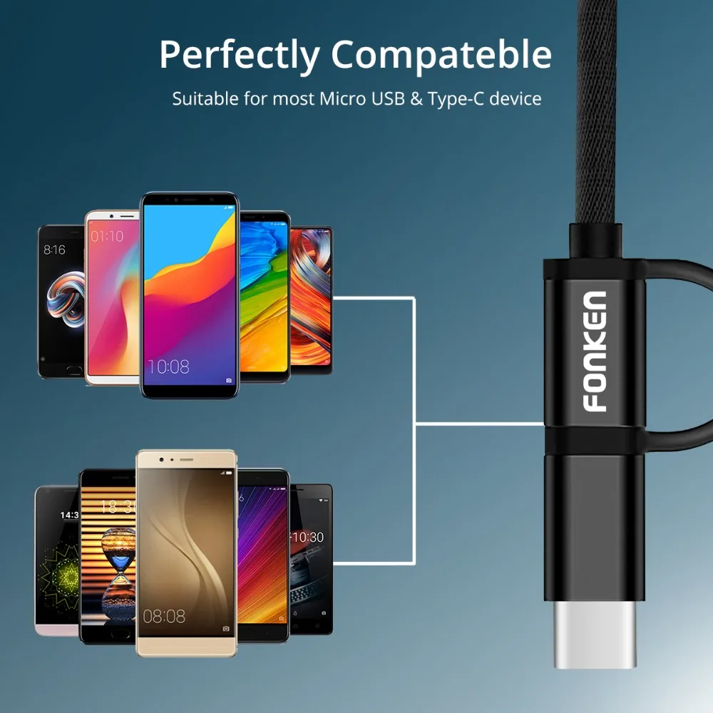 FONKEN 2 في 1 كابل يو اس بي المصغّر usb نوع C هاتف يدعم خاصية الشحن السريع كابل 1 متر المزدوج محول البسيطة USB C شحن للجوال كابلات الهاتف