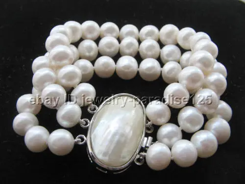

Beautiful 8" 3row 10mm natural white round freshwater pearl bracelet ^^^@^Noble style Natural Fine jewe SHIPPING 5.25