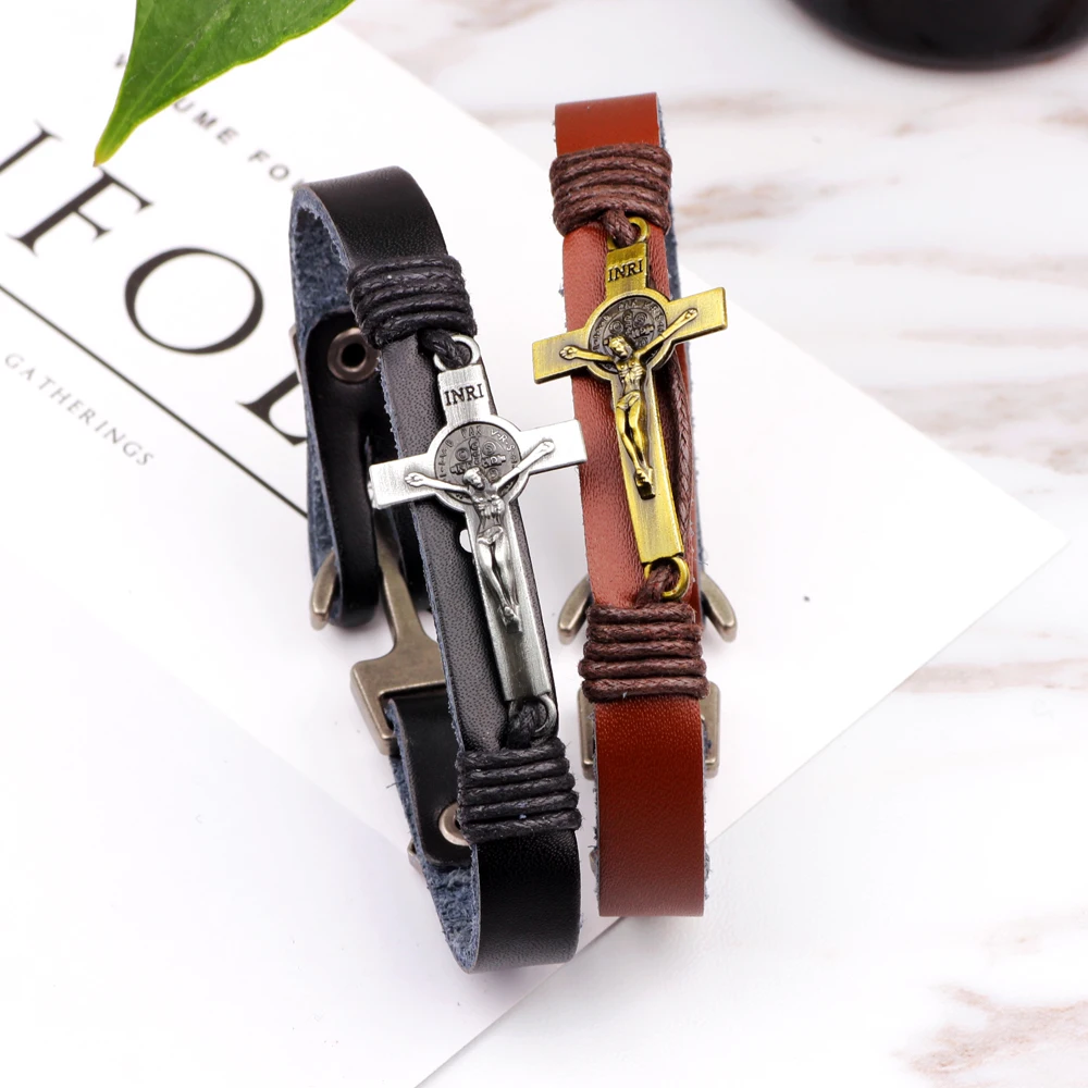 

2019 New Fashion Gold Silver Jesus Cross Leather Bracelet for Man Trendy Alloy Metal Women Bracelets Bangles God Bangles Jewelry