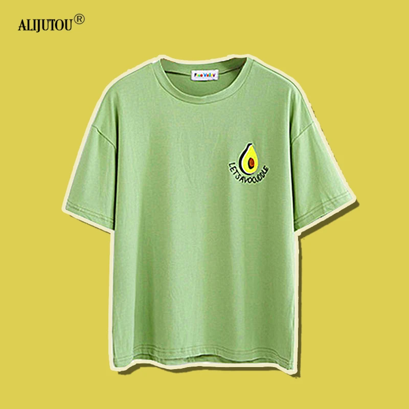 Green Cute Avocado Embroidery Short Sleeve T-shirt 2019 New Summer Korean Womens Small Fresh Casual Tees Female Loose Tops Green Cute Avocado Embroidery Short Sleeve T-shirt 2019 New Summer Korean Womens Small Fresh Casual Tees Female Loose Tops