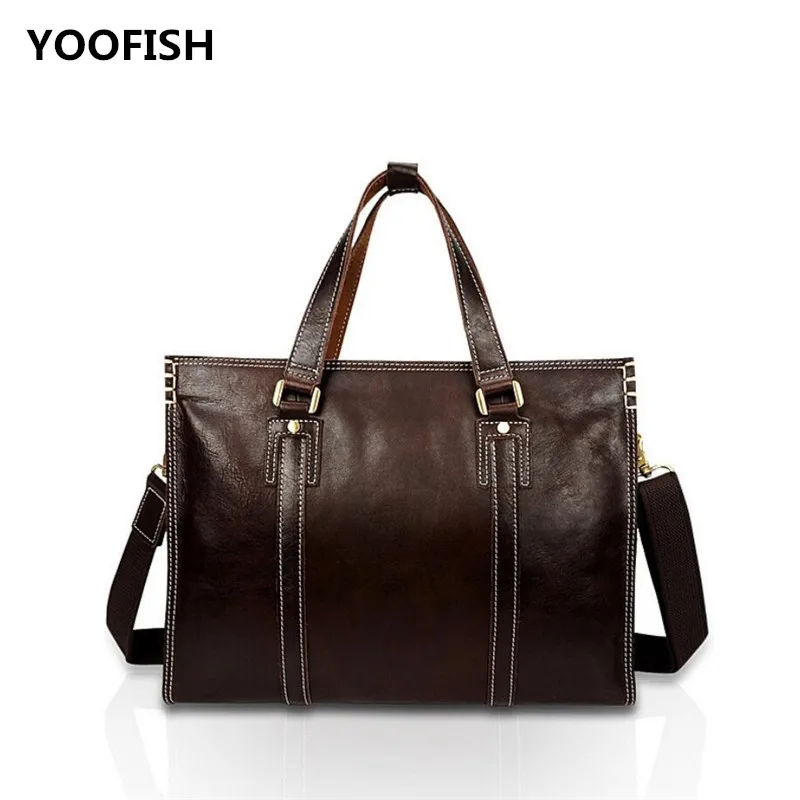 

YOOFISH Hot selling Casual Genuine Leather Handbag Laptop Business bag Unisex Free Shipping Coffee/Brown XZ-063