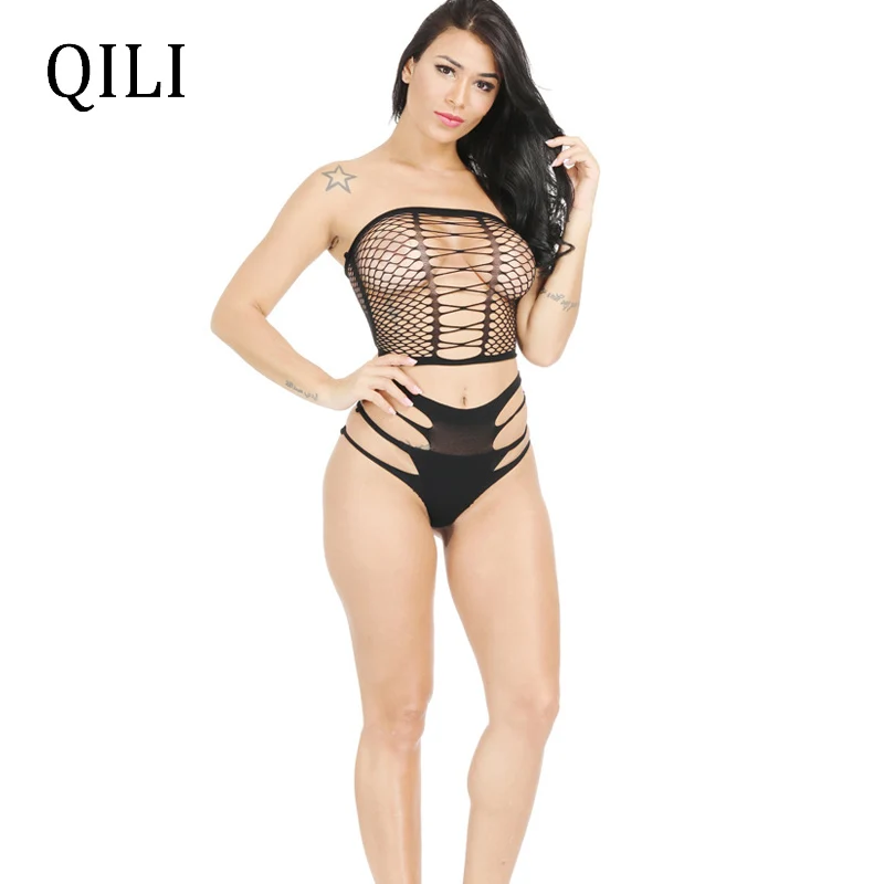 QILI Sexy Two Piece Set Bodysuits Women Strapless Sleeveless Hollow Out Bodysuit Nightclub Sexy See Through 2 Piece Bodysuits black body suit Bodysuits