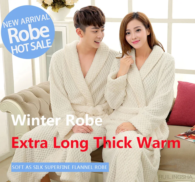 buffalo plaid pajama pants On Sale Lovers Thick Warm Winter Bathrobe Men Soft as Silk Extra Long Kimono Bath Robe Male Dressing Gown for Mens Flannel Robes men's cotton lounge pants