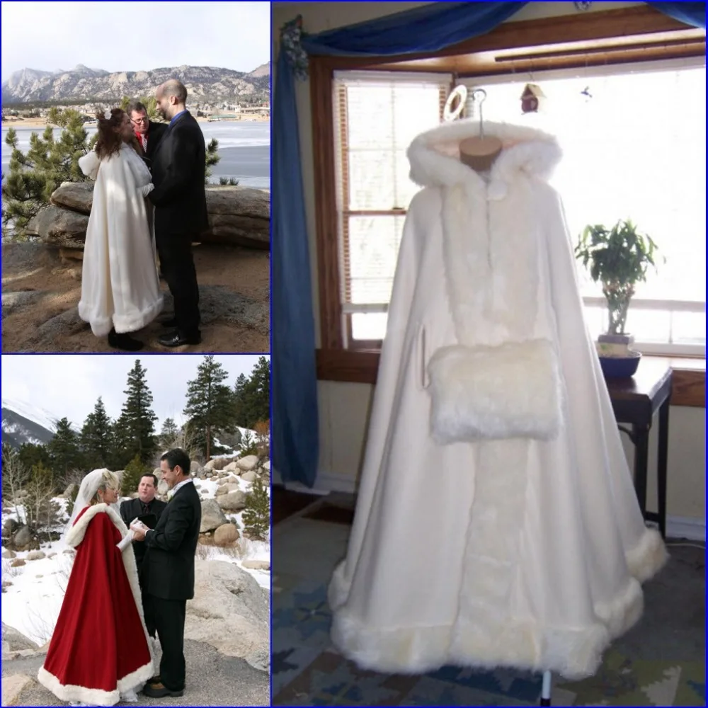 

2018 Hot Sell White Ivory Bridal Cape Wedding Cloaks Hooded with Faux Fur Trim Warm Adult Winter Wedding Jacket Bridal Wraps