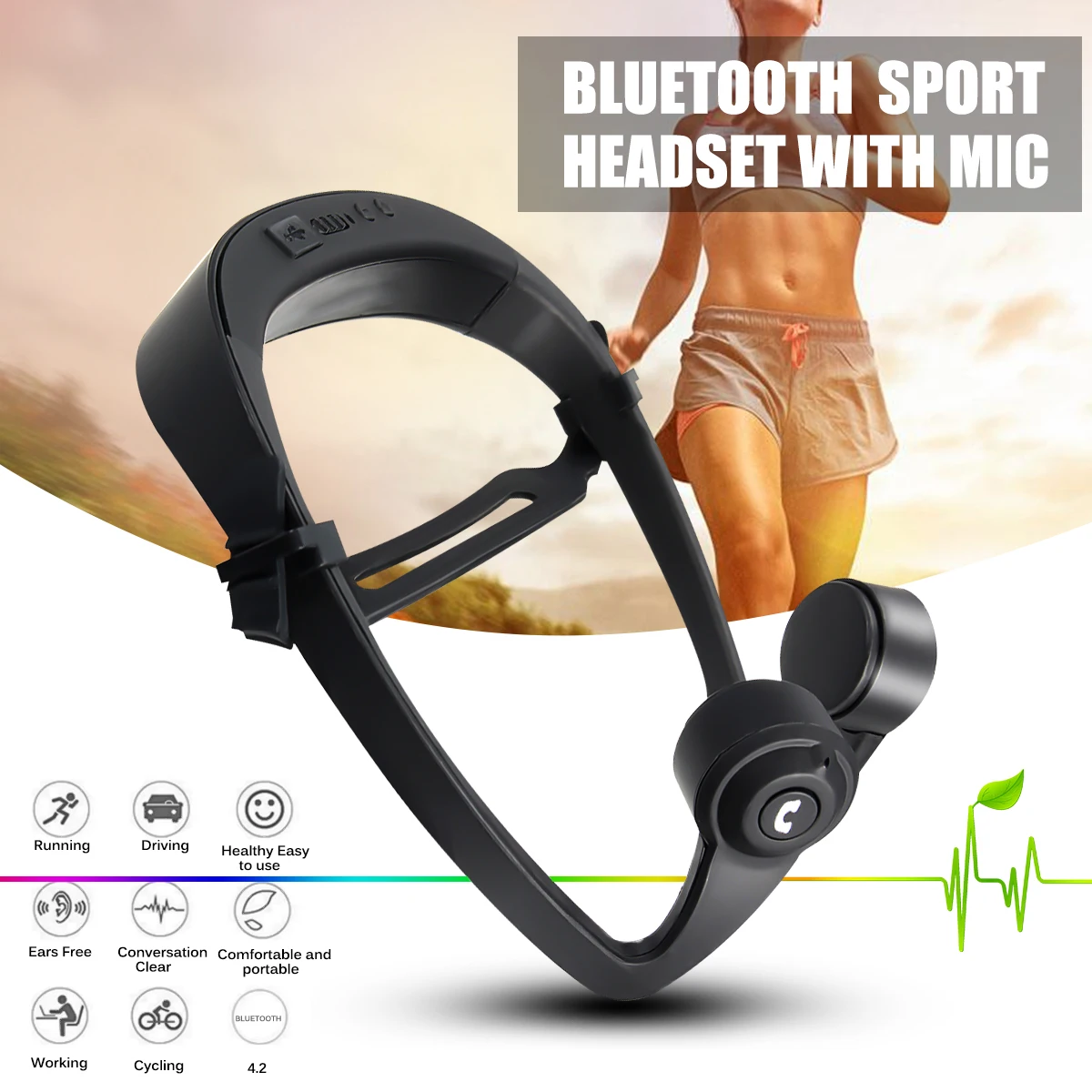

V9 Bone Wireless Bluetooth 4.2 Conduction Headset Ear Hook Ourdoor Indoor Sports Headphone w/Mic Adjustable Headband Universal
