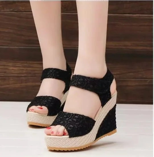 

2019 Plus Size Bohemian Women Sandals Ankle Strap Straw Platform Wedges For Female Shoes Flock High Heels Cover Heel Sandal