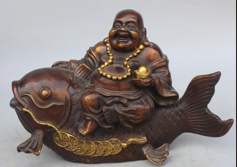 

bir 005588 11" Chinese Bronze Gilt YuanBao Fish Money Happy Laugh Maitreya Buddha Statue