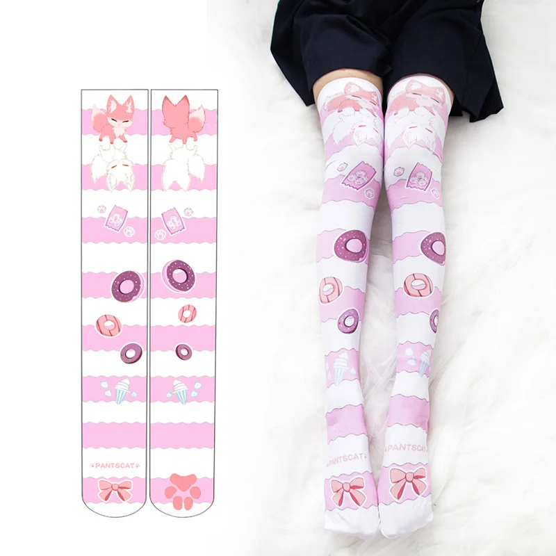 

Kawaii Doughnuts Fox Printed Stockings with Cat Paw Anime Lolita Socks Cute Japanese Coplay Thigh High Over the Knee Stocking