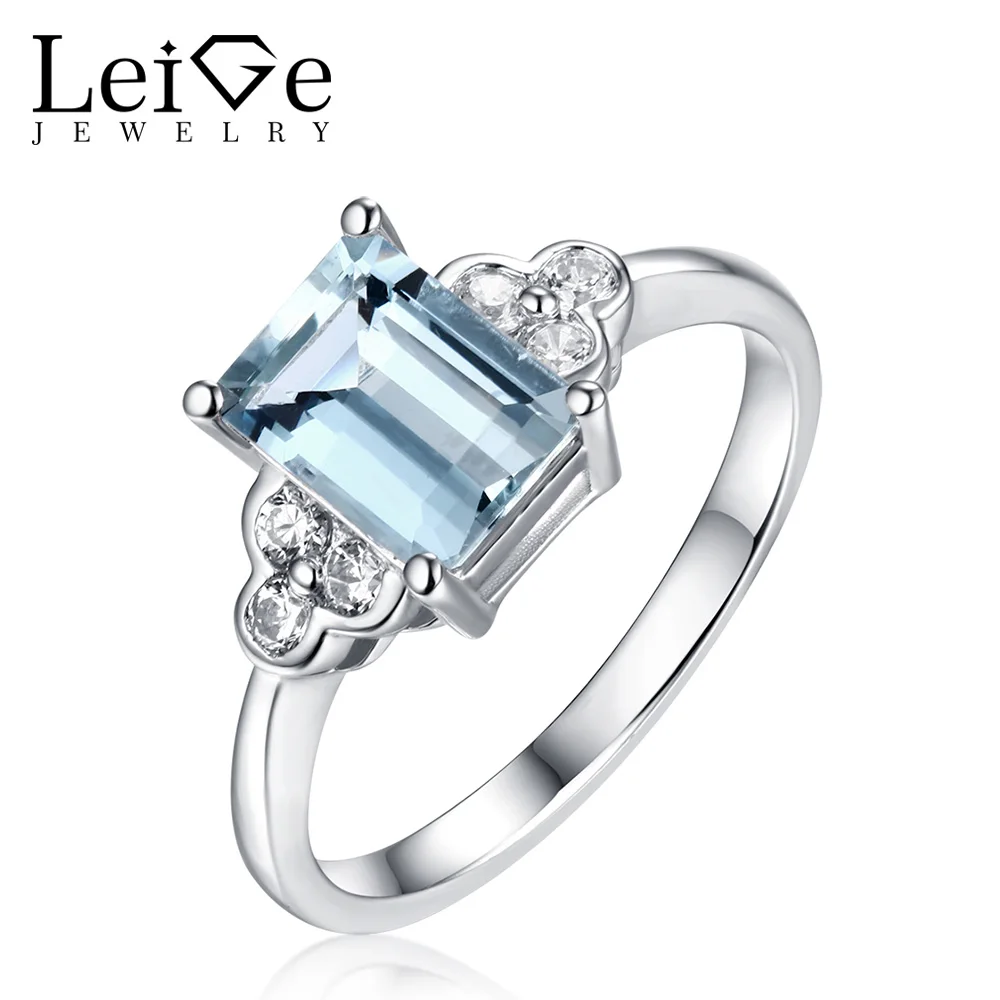 Leige Jewelry Emerald Cut Aquamarine Ring Blue Gemstone Sterling Silver