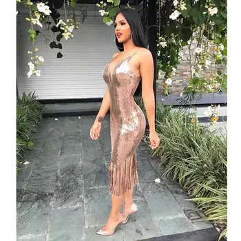 

Wholesale 2019 new dress Gold sequins Spaghetti Strap V-neck tassel Sexy luxurious celebrity Cocktail party Dress(H2651)