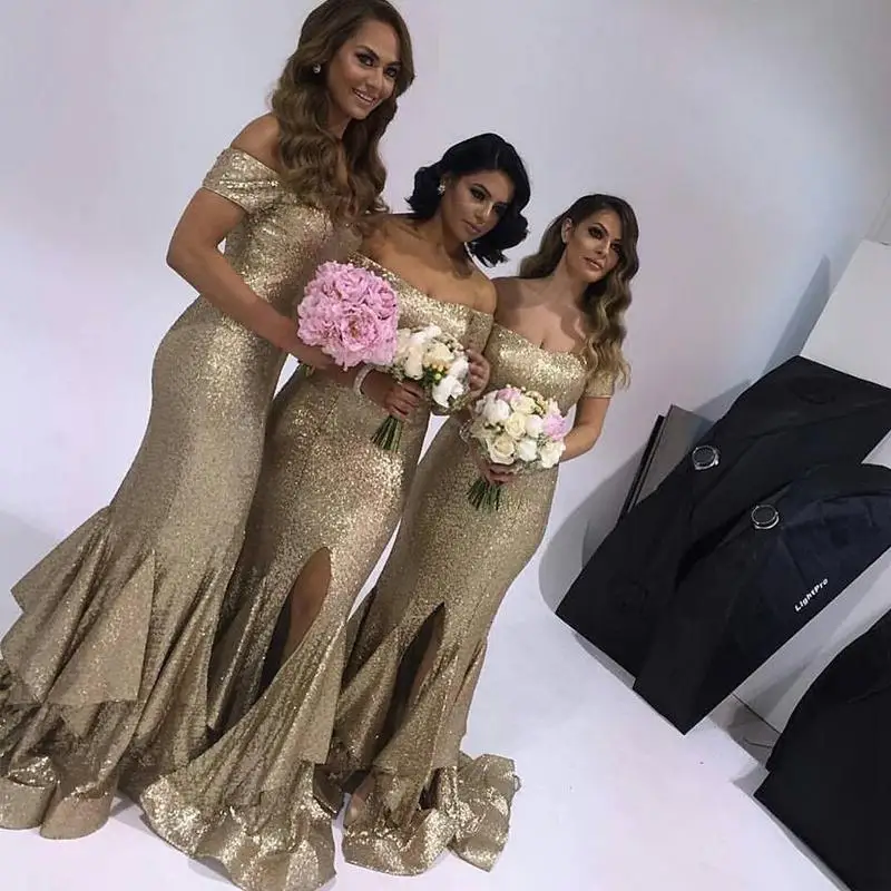 

New Arrvial !2019 Sequins Fabric Off The Shoulder Sheath Front Splited dress for wedding party vestido de fiesta para boda