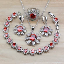 Свадебные аксессуары Красный Гранат белый кристалл 925 серебряные женские ювелирные наборы Висячие серьги/ожерелье/браслет и кольцо наборы