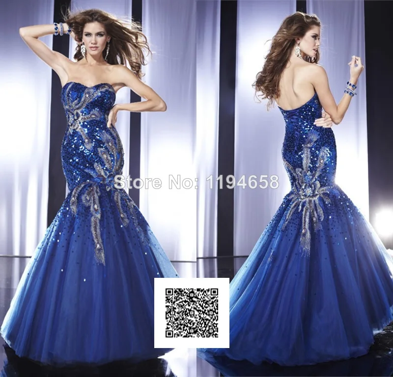 Beautiful 2014 Royal Blue Sweetheart Sequined Prom Dresses Organza