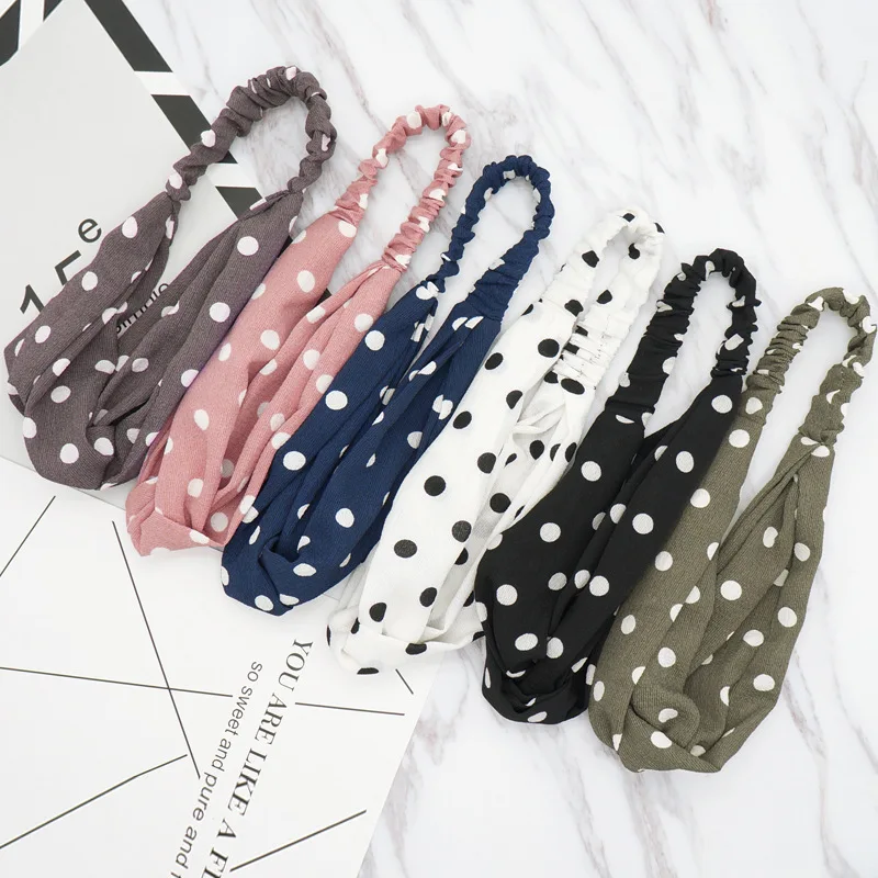 

Literary Wave Point Headband for Women Girls Chiffon Cross Turban Headwear Bath Makeup Hair Band Accessories Round Dot Bandanas