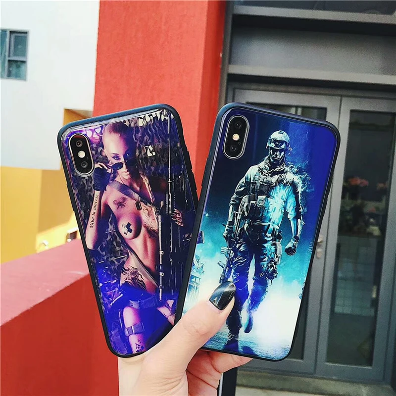 RMJ-DAN Handsome fashion Brave warrior Apply to For Apple iPhone 6 6S 7 8 Plus X Blue Glass Phone Case+TPU cellphone case |