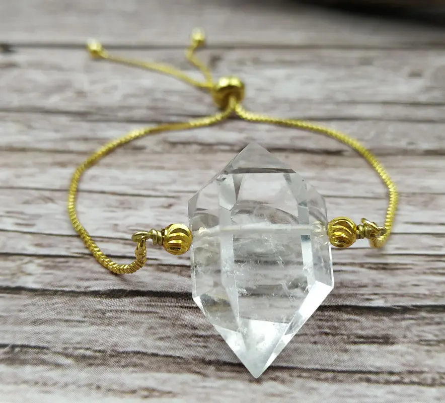 

YA3903 Natural Small Double Quartz Point Gold Chain Tennis Adjustable Bracelet