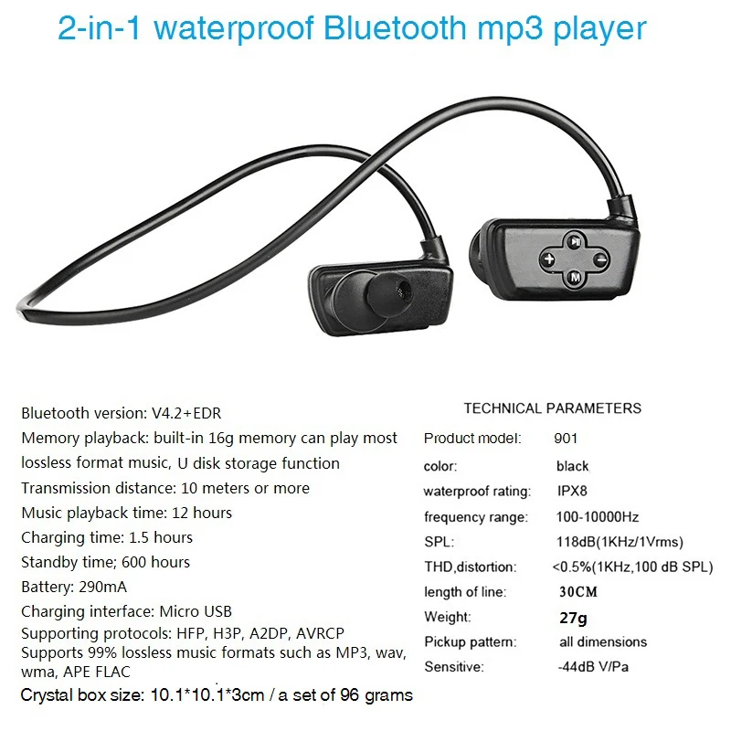 Новейший 901P Bluetooth водонепроницаемый плавательный Открытый 16G Hifi Ipx8 спортивные Mp3 музыкальные плееры