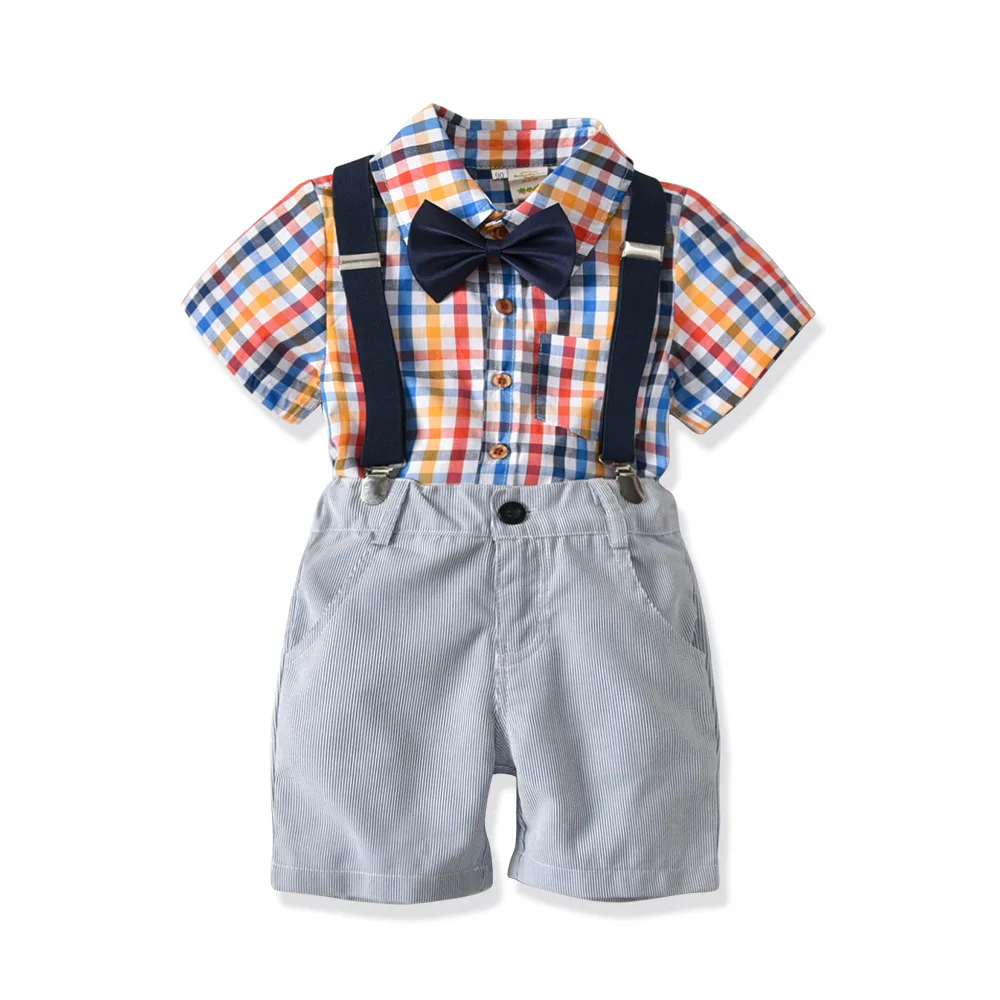 

Summer gentleman kids clothes fashion boys casual clothing handsame children colorful plaid shirt bow belt pant 4pcs suit 18M01