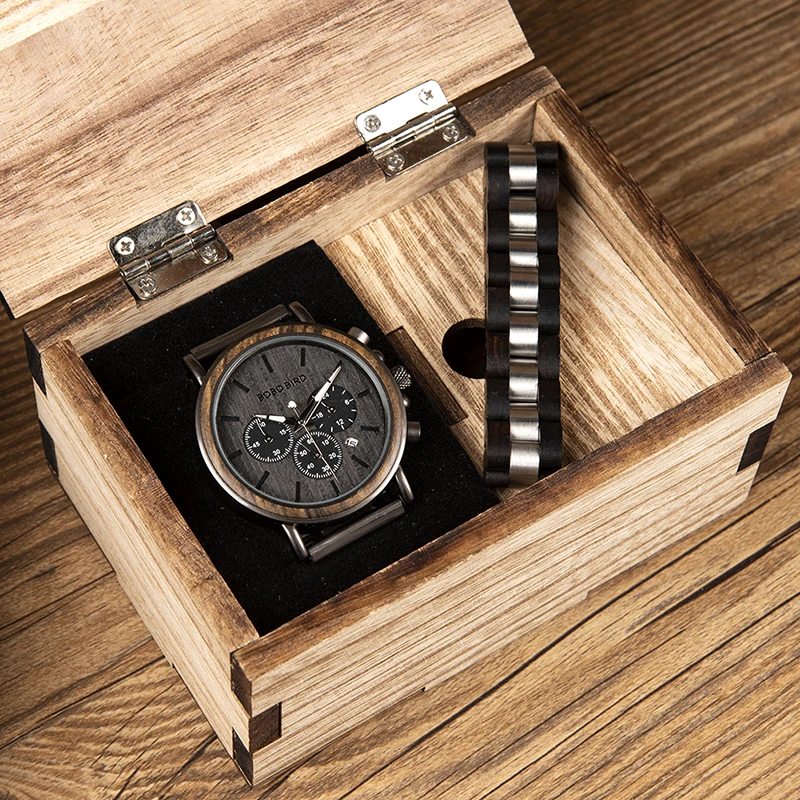 $38.5 Bobo Bird Wood Watch And Bracelet Set For Men Chronograph Wristwatch Gift Set For Him Orologio Role
