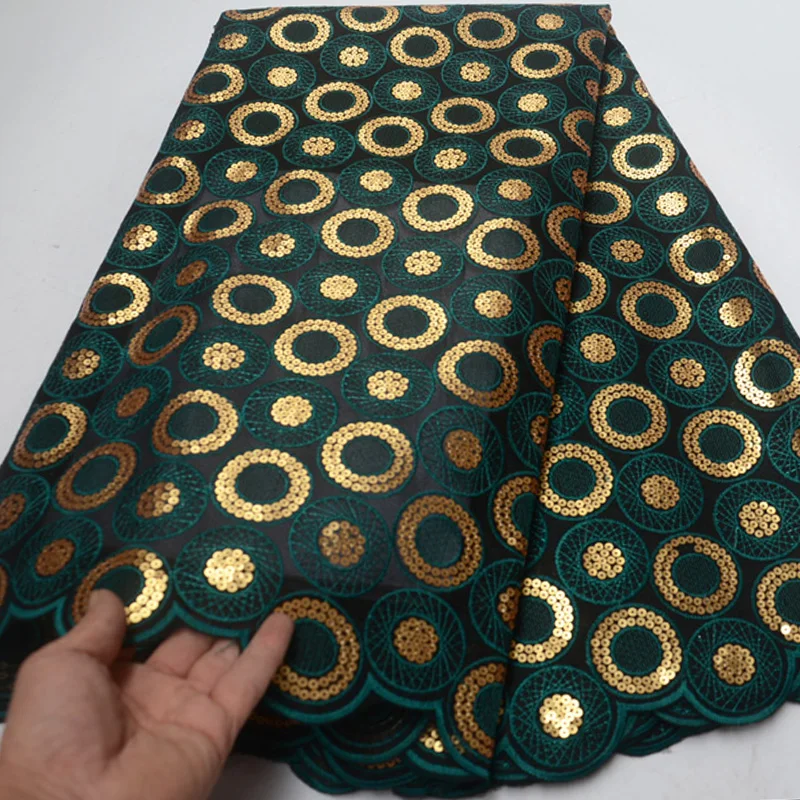

(5yards/pc) 2019 newest African double organza lace fabric in deep green with gold sequins embroidery for party dress OP114