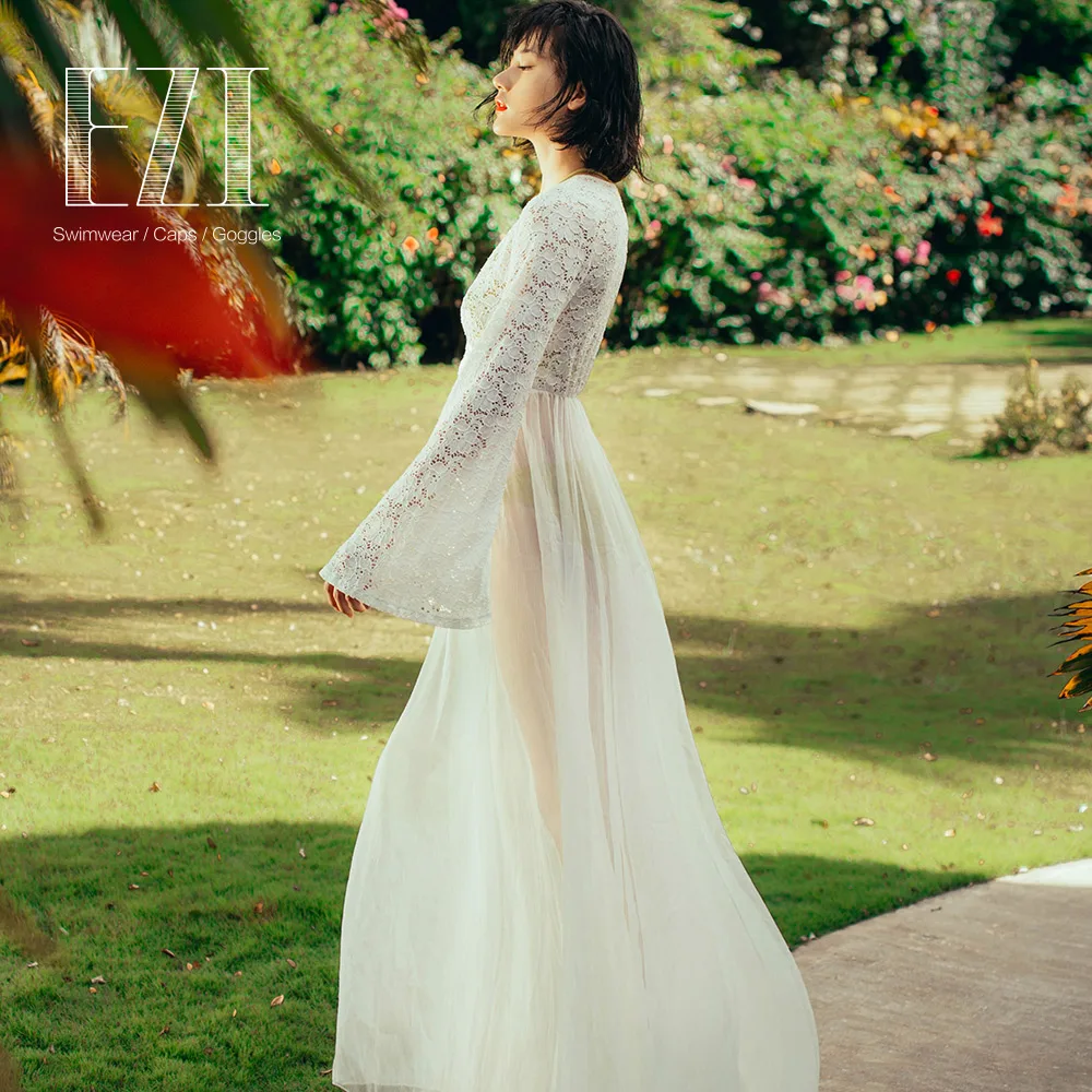 

JULY SAND Long Lace Sexy Swimsuit Women Long Sleeve Cover Up Beach Dress Bikini Cover Up Swimwear Women