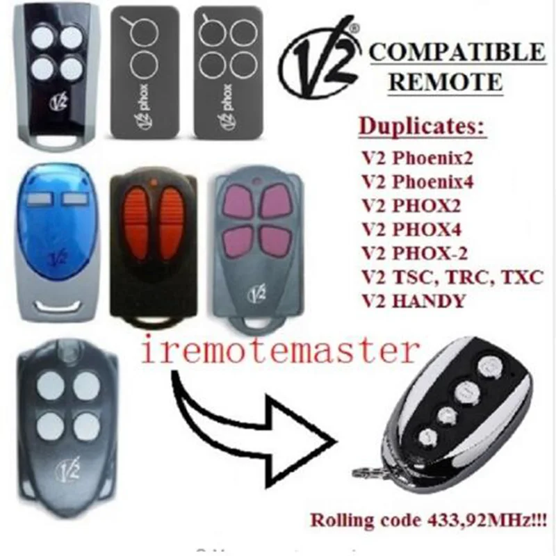 

V2 gate garage remote transmitter V2 TXC,HANDY,TSC4,TRC,PHOENIX2,PHOENIX4 Rolling code Command garage 433mhz key fob V2 gate con