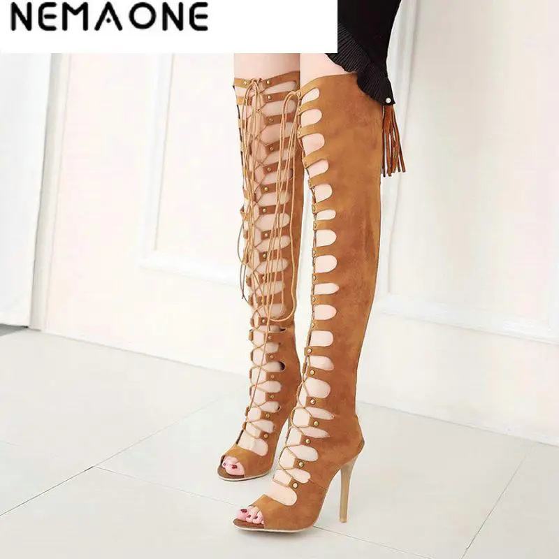 

NEMAONE Women Shoes High Heels Women shoes Peep Toe Lace Up Thigh High Boots Summer Cut Outs Botas Over The Knee Bootie