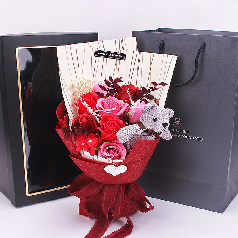 Искусственный мыльный цветок, пенопласт, цветок розы, подарок с коробкой, маленький букет роз, День Святого Валентина, креативный медведь, подарок, украшения - Цвет: Red