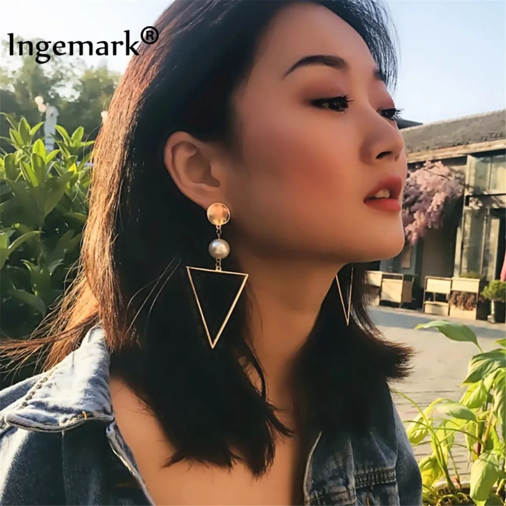 

Ingemark Korean Triangle Geometric Drop Earrings Statement Simple Sequin Imitation Pearl Dangle Earring Brincos Girlfriend Gift