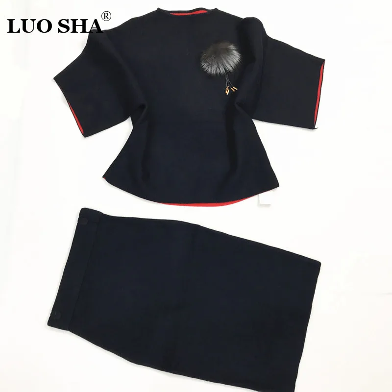 LUO SHA, женские спортивные костюмы, мягкий женский костюм, женский кашемировый свитер, плюшевый шар, топ и юбка, набор, теплый костюм для женщин, костюм - Цвет: Черный