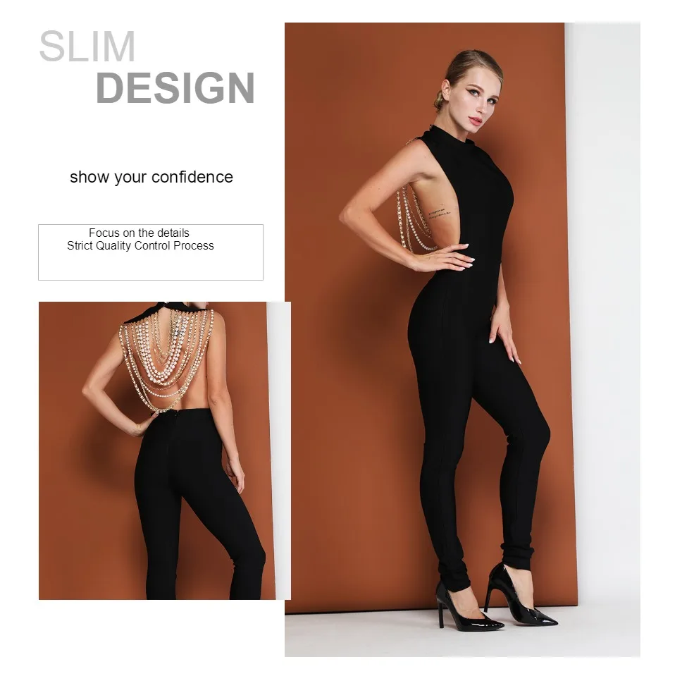 INVOGUE. IMVOGUE сексуальный спинки великолепные бисера цепи рукавов вечерние Bodycon повязку комбинезон