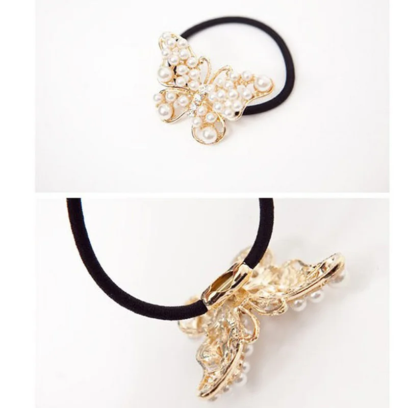 Женская лента для волос с имитацией жемчуга и бабочкой для девочек, Очаровательная резиновая повязка на голову с кристаллами, резинка для конского хвоста, эластичные резинки для волос, аксессуары для волос - Цвет: Gold