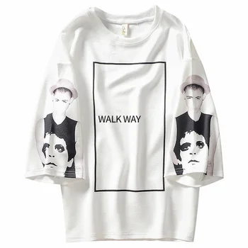 

American Leisure Print T Shirt Men Summer Half Sleeve Pattern Loose Korean Personality Student Soft T Shirt Blanc Black Hip Hop