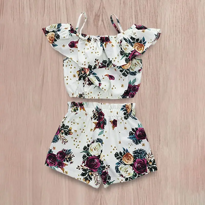 

2 Pcs/set Children Sling Tops Short Pants Suit Kids Girls Rose Floral Shorts Suits Seaside Style Vacation Holiday Birthday Gifts