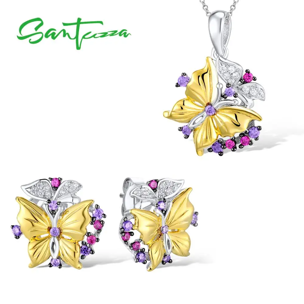 Jewelry Sets Butterfly Amethyst Created Ruby CZ Diamond Jewelry Set Earrings Pendant Necklace 925 Sterling Silver Jewelry Set