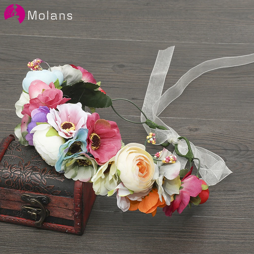 

MOLANS Small Sweet Flower Fashion Hair Hoop for Women Mixed Color Stimulation Flowers Leaves Ribbons Wreath for Bridal Wedding