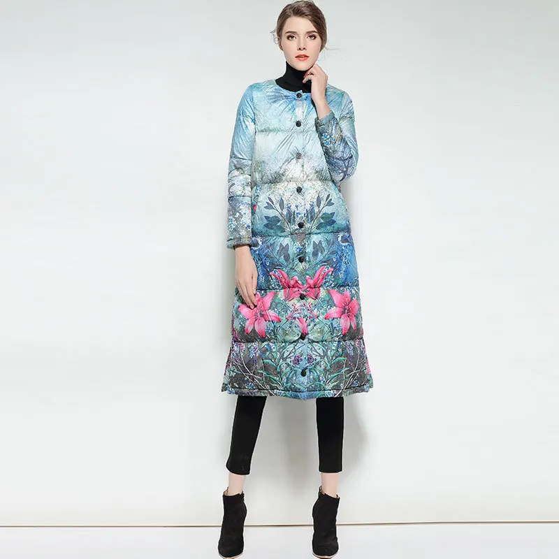 L'ancienne Peinture Le Bleu Style Nouveau Vers Manteau Duvet Hiver Bas Grande L'encre Veste Épais blanc 2018 De Imprimé Taille Longue D'oie À Chinois Chaud w6xFISYB