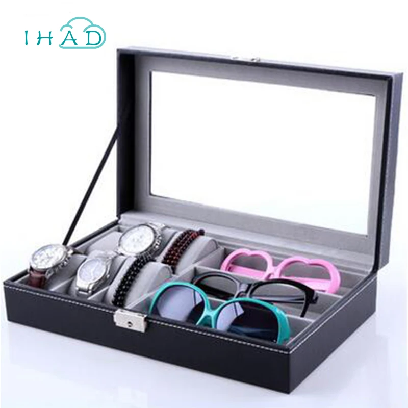 Watch sunglasses PU leather storage box organizer Life small jewelry With lock Casket Glass design display Container | Дом и сад