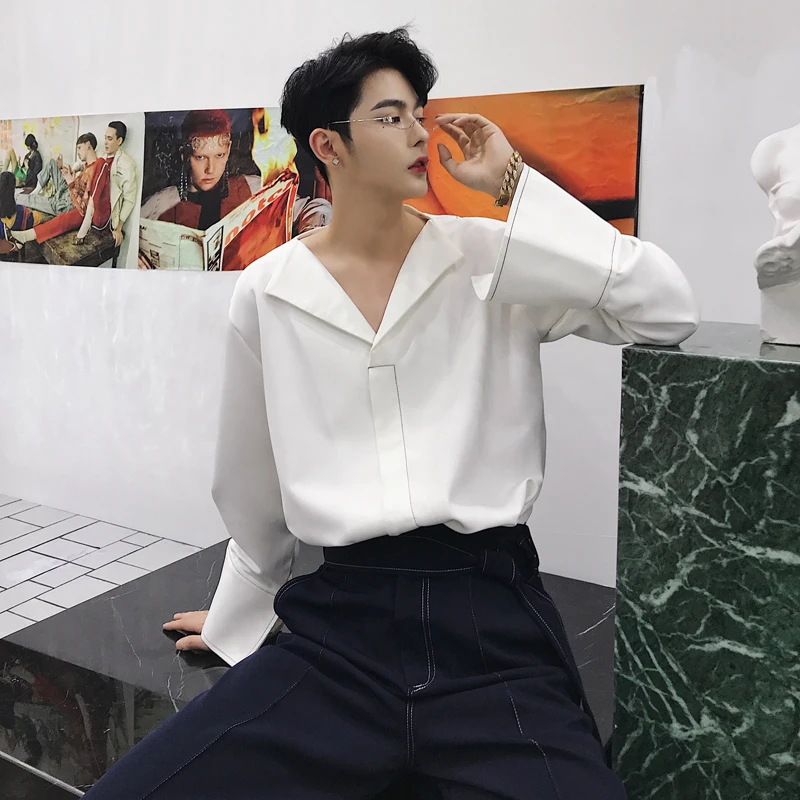 

Court Grace Lapel Chic Temperament Long Sleeve Broad Cuff Men Shirt 2018 Casual Original V-neck Evening Slim Loose Camisa M-2XL
