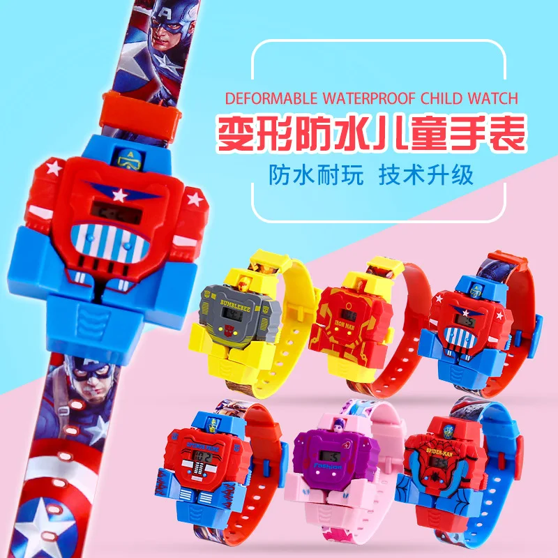 Детские часы Аниме конверсионная форма робот детская игрушка Человек-паук Водостойкий силиконовый спортивные цифровые часы для детей