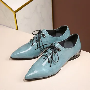 

GPOKHDS 2020 women Pumps cow leather autumn spring lace up blue color pointed toe low heels pumps size 42 party