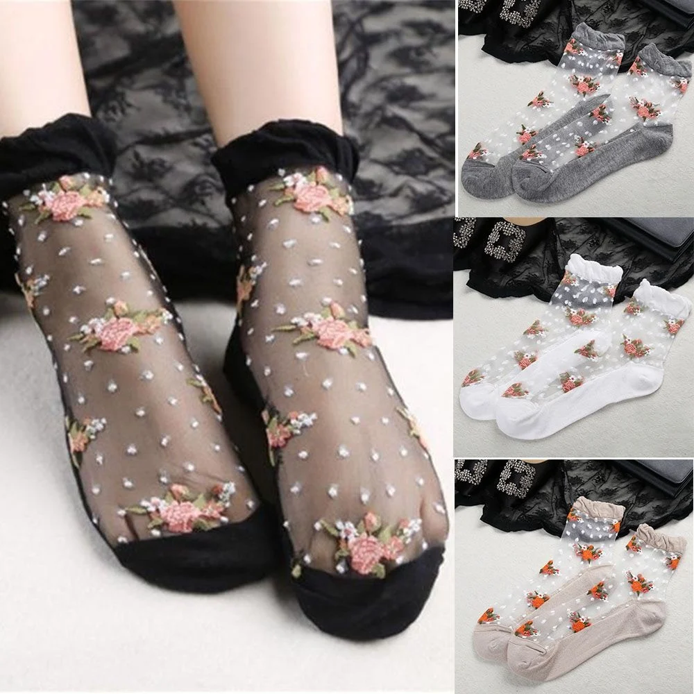 

1Pair Trendy Elastic Transparent Glitter Mesh Manual Hosiery Short Socks Ultra-thin Socks Rose Flower Accessories