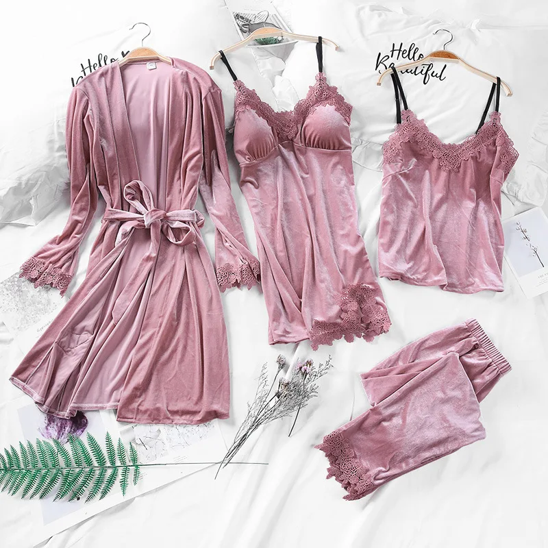 Dark Red Spring velvet Strap Top Pants Suit Pajamas 4PC Sleepwear Sets Womens Home Wear Nightwear Kimono Robe Bath Gown Bathrob | Женская