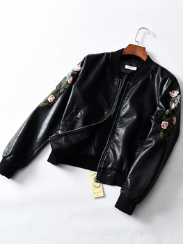 

2019 autumn and winter new Korean version PU wash leather jacket embroidered jacket