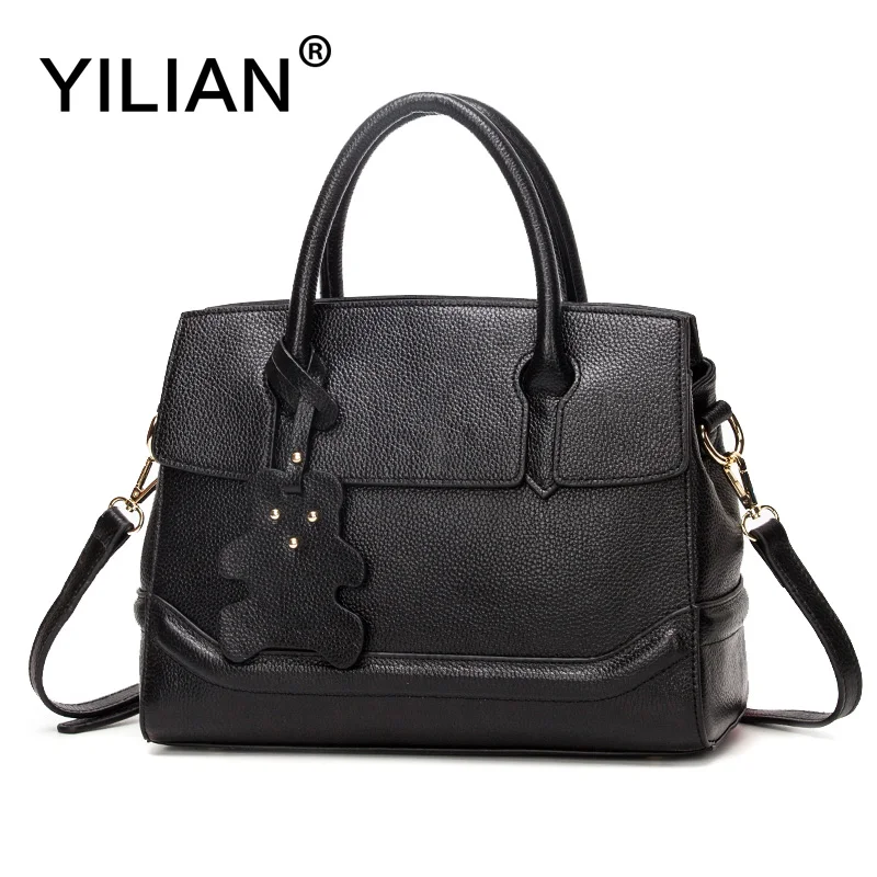 

YILIAN Genuine Cow Leather Women Bag with Big Capacity Multifunctional Cute Bear Black Cowhide Handbag Fashion Bag YBL668