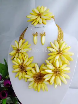 

Newest!!! 2017 Fashion Yellow Crystal Shell Beads Flower Necklace Jewelry Set MN-1521