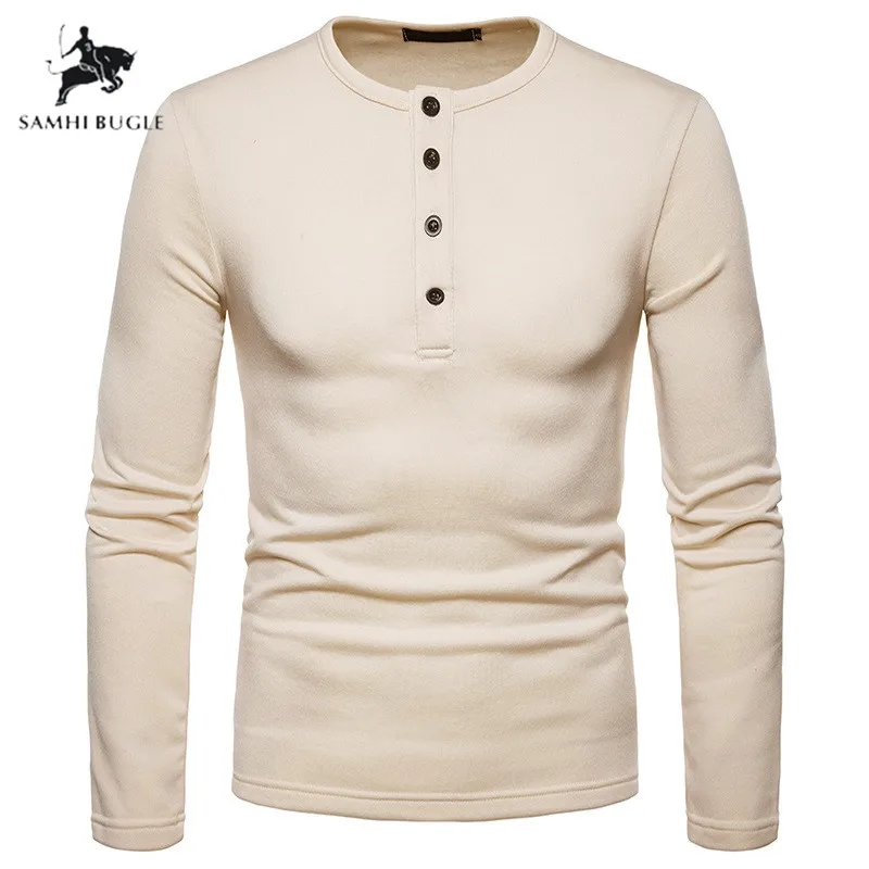 

men clothes 2019 Warm velvet Fashion Henry collar mens t shirt Splicing long sleeves Solid color cotton black t shirt