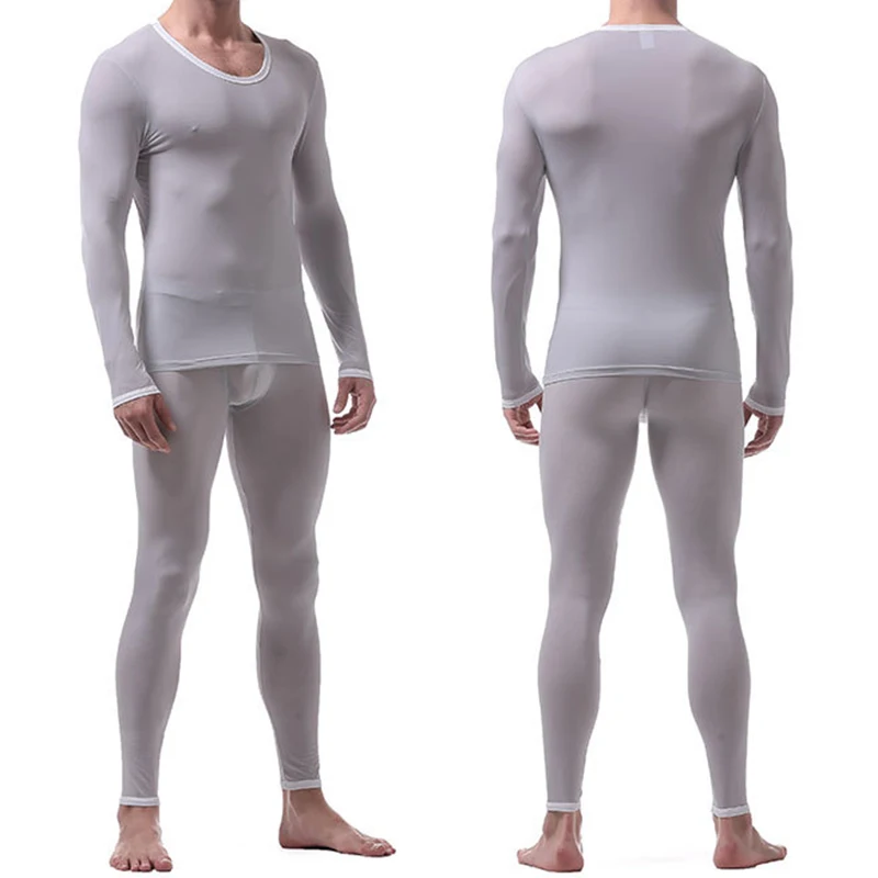 

Sexy Male Long Johns Men's Thermal Underwear Sleepwear Ice Silk Lounge Tight Translucent Long Sleeve Undershirt Trousers Set